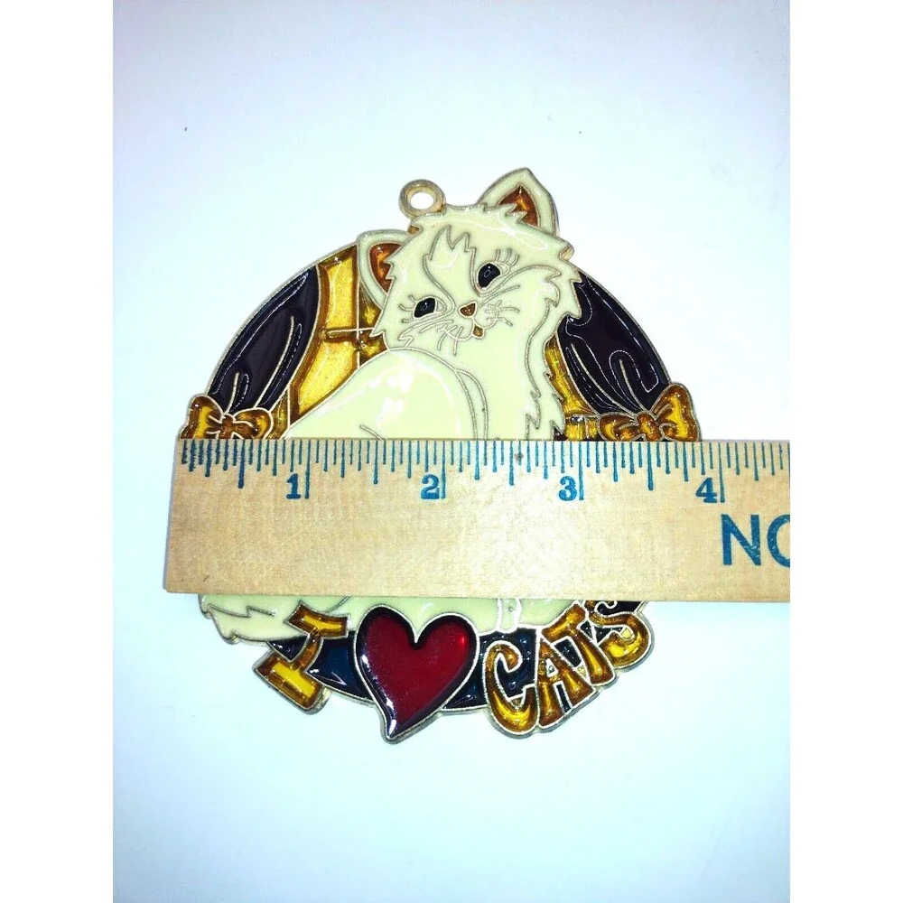 Vtg Persian Cat Sun Catcher Faux Stained Glass Window Green Eyes I Love Cats 4